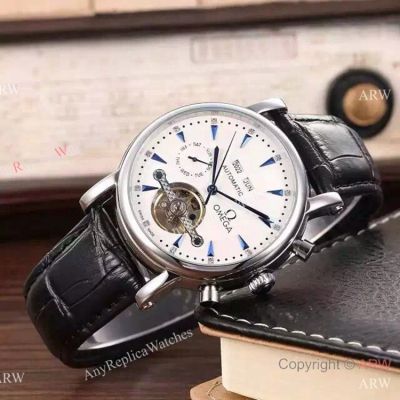 Replica Omega Speedmaster SS Black leather Tourbillon Watch